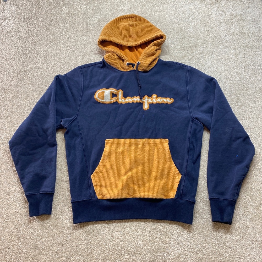 Champion Reverse Weave Hoodie Mens Small Navy Blue Corduroy Trim Logo
